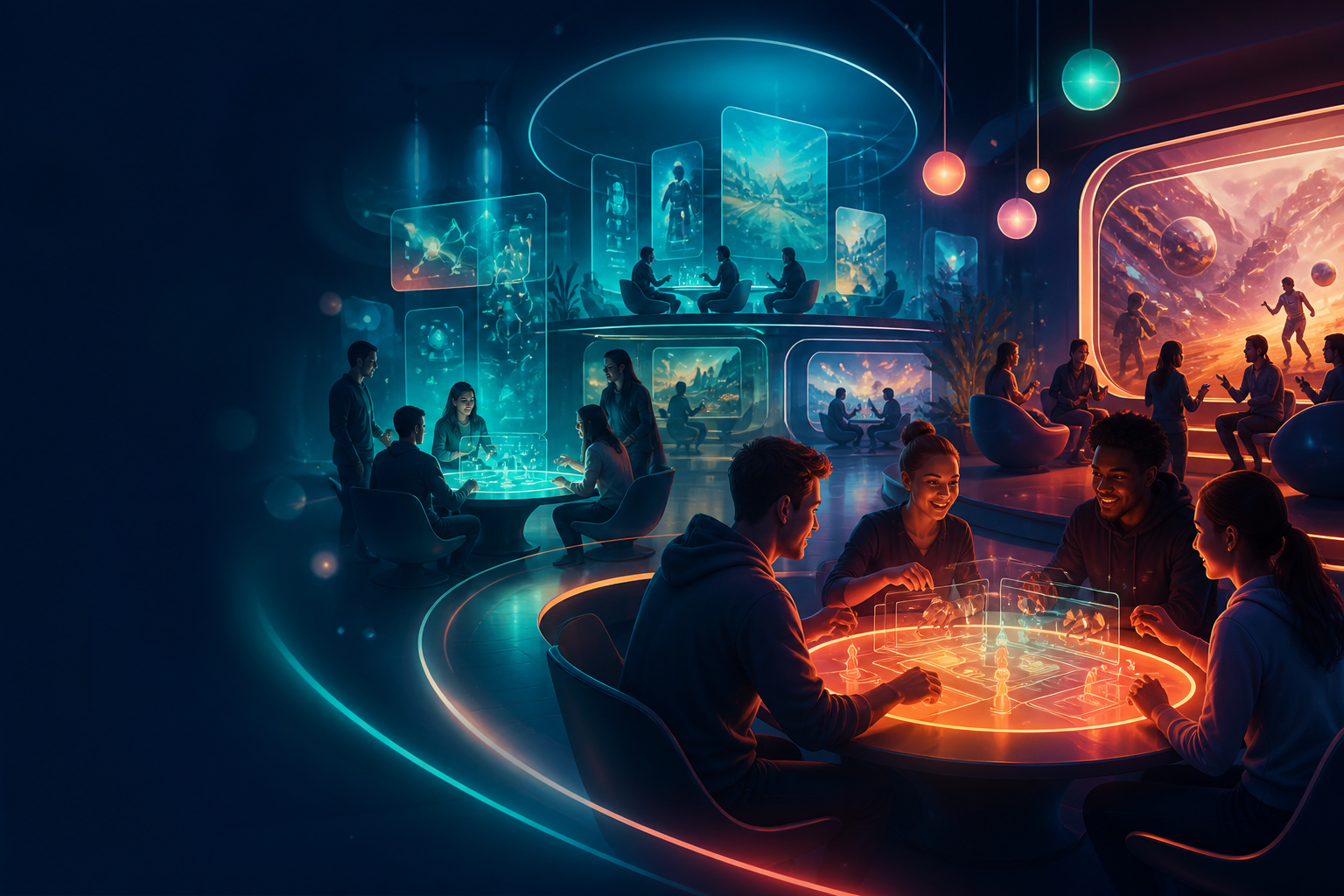 ViewNowPlay social gaming lounge with glowing interactive play tables